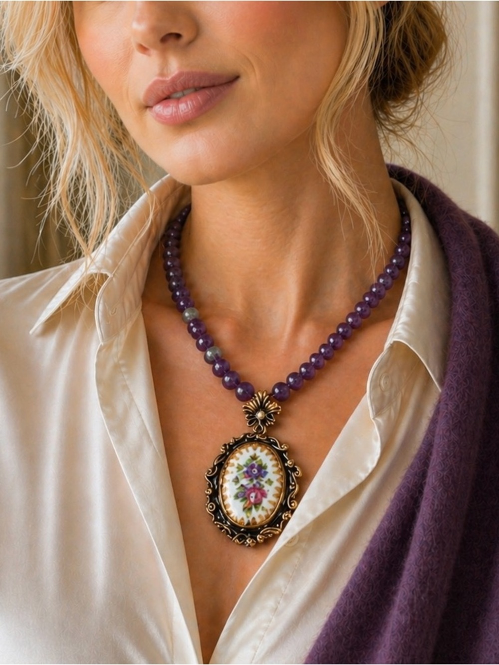 Amethyst Bead Necklace 925 Silver Victorian Style Hand Painted Porcelain Pendant